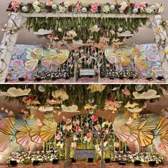 This split image shows the versatility of the butterfly decor under different lighting conditions, proving its beauty both day and night.