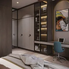 A 3D render of a sophisticated home office space within a bedroom. The design includes a spacious desk, a comfortable chair, and a large wardrobe with integrated glass display cabinets.