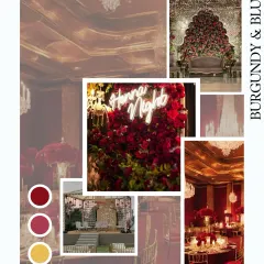 A mood board for a 'Burgundy & Blush' wedding theme. This combination creates a feeling of timeless romance with a chic, modern touch, perfect for an elegant reception or sangeet night.