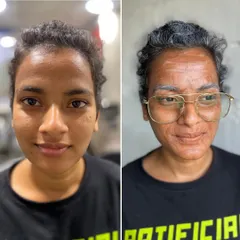 The magic of transformation. This before-and-after shows a student mastering periodic makeup, using professional techniques to create a realistic old-age effect.