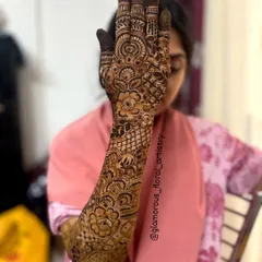 Another view of the cascading floral design, with the client holding her hand up to display the full artwork.