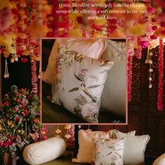 A close-up of the hand-drawn floral cushions used at my home Mehndi. The delicate pastel tones provided a soft contrast to the vibrant marigold decor, blending seamlessly into the setup.