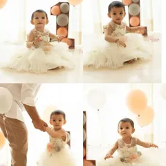 Turning one is a big deal! This collage shows a little princess in a dreamy studio setup for her first birthday photoshoot, complete with a beautiful dress and balloons.