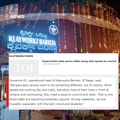 I'm thrilled to be featured in the Times of India. As our operational head said, Bengalureans need a place to unwind, and my experiential café offers just that, especially for the tech crowd and students on weekends.
