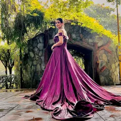 For your pre-wedding shoot or cocktail night, a gown with a long, dramatic trail like this is perfect. I have these in many colors, so you can get that fairytale look for your special event.