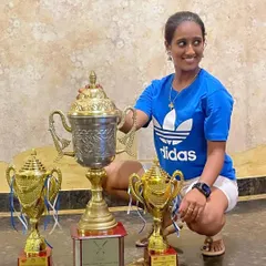 Posing with the trophies from the Gadre Gaspar Dias 2024 tournament. Securing both the Ladies Singles and Mixed Doubles titles was an amazing feeling and a testament to consistent hard work.