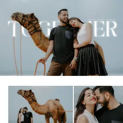 A creative collage from a unique beach pre-wedding shoot in Goa. Including a camel in the photos adds an unexpected and memorable element, perfect for couples looking for something different.