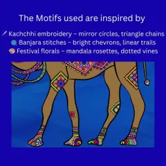 Here I break down the inspirations for the camel's patterns. The motifs are drawn from Kachchhi embroidery, Banjara stitches, and festival florals, each telling a small story of Indian folk traditions.