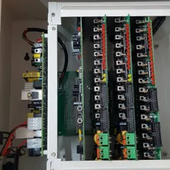 This is the inside of a Galaxy brand 40 line EPABX panel. The circuit boards are for connecting all the individual phone lines in a building.