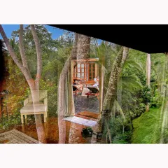 An in-camera reflection captured at a resort in Bali. The image layers the interior space with the lush jungle outside, creating a dreamlike composition that questions the boundary between inside and out.