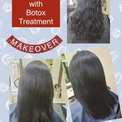 This client wanted sleek hair, so we recommended our deep conditioning Botox treatment. The before and after photos show the transformation from frizzy waves to lustrous, straight hair.