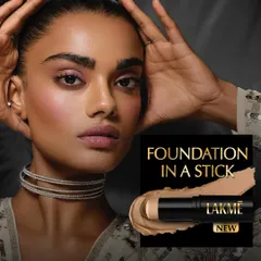 A campaign image for Lakmé's 'Foundation in a Stick'. The elegant portrait highlights a flawless complexion, while the accompanying product shot and texture swatch clearly communicate the product's form and function.
