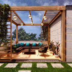 This outdoor terrace is transformed into a functional lounge area with a wooden pergola providing partial shade. The comfortable L-shaped sofa and climbing greenery make it an ideal space for employees to relax, socialize, or hold informal meetings.