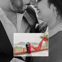 A beautiful double-exposure collage, layering a joyful close-up over a wide, cinematic shot of the bride's flowing red saree.