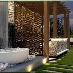 This design combines a wooden pergola with decorative laser-cut metal screens. The intricate patterns of the screens provide privacy and create beautiful shadow play, adding an artistic touch to the structure.