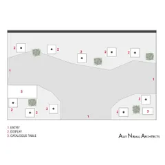 The simple and effective floor plan for the 15 sq.m Pllum Legno art installation. The layout prioritizes circulation around the central display totems, with designated entry points and catalogue tables.