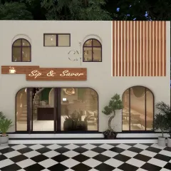 A slightly different render of the cafe's exterior, showcasing the branding and the checkered entryway. The design aims to be inviting from the street, offering a glimpse of the warm and modern interior.