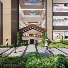 This animation still captures the main entrance of a multi-level shopping mall. We paid close attention to the interplay of light through the glass atrium and the integration of green landscape elements to showcase a modern and inviting commercial design.