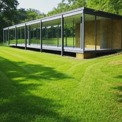 A view of a minimalist glass pavilion, showcasing clean lines and an unobstructed connection to the outdoors. This style of architecture inspires our custom glass cabin and sunroom projects.