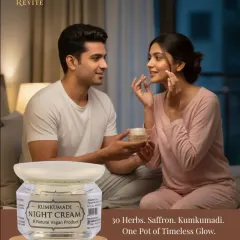 Unlock the secret to timeless skin every night with my Kumkumadi Night Cream. Infused with 30 herbs, saffron, and Kumkumadi oil, this unisex formula provides deep hydration and youthful radiance without any grease.