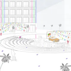 A conceptual sketch of the CBD amphitheater set up for a car launch event. This demonstrates my process of planning for specific commercial uses to ensure public spaces deliver real value to tenants and visitors.
