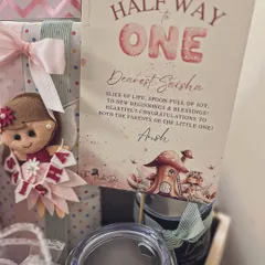 The custom card for the six-month hamper, featuring a sweet fairy and a personal message to celebrate being "Halfway to One."