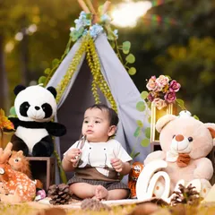 This little one is surrounded by his furry friends in our outdoor teepee setup. The warm, golden light of the park makes these photos feel magical.