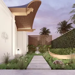 A render of the "Kettuvallam" project's serene entryway, featuring a pathway through a lush garden with traditional Kerala-inspired elements. This is the vision we are currently bringing to life.