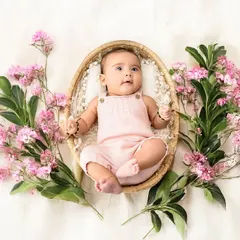A beautiful newborn-style portrait surrounded by fresh pink flowers. I use simple, natural props to highlight the delicate features and peaceful nature of your baby.