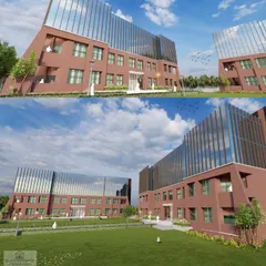 A composite image showing different angles of the institutional building. This highlights the architectural strategy of using solid brick forms as a base for the lighter, transparent glass structures above.