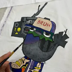 Unleashing some creativity on a cotton shirt. This piece features a cool pigeon character with a "BRUH" cap and a boombox, blending street style with a touch of humor.