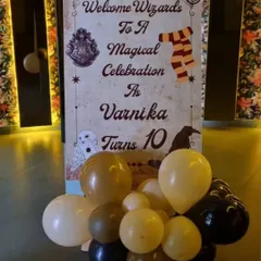 A personalized welcome sign for a magical Harry Potter celebration, inviting young wizards to the party.