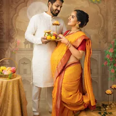 An intimate couple's portrait celebrating their journey to parenthood. The husband offers a plate of traditional sweets, symbolizing the sweetness and joy of this special time.