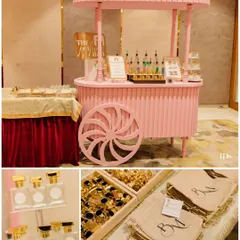 A custom perfume bar set up on a charming pink cart. This collage also shows the personalized jute bags and perfume bottles that guests took home as favours.