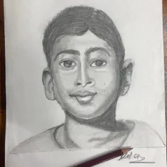 The final pencil sketch by our 13 year old student, created from a reference photograph. This piece showcases his ability to capture a likeness and use shading to create a three dimensional effect.