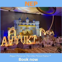 For a truly royal celebration, we built this detailed prince's castle stage, complete with marquee lights spelling out the birthday boy's name and charming woodland creature props.