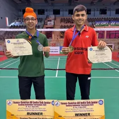 Two of our academy's finest, Dev (Winner) and Jagsher (Runner-up), after their final match at the Yonex-Sunrise All India Sub Junior Ranking Tournament. We are proud to have coached both the winner and the runner-up in this prestigious event.