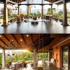 A look at the expansive outdoor living spaces in my Coorg projects. The top image shows an open-to-sky veranda with stone pillars framing the valley view, while the bottom image captures a cozy deck with a swing, perfect for enjoying the sunset.