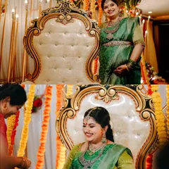 A collage showing two moments from the baby shower: a full-length portrait of the expectant mother and a candid shot of a family member performing a ritual.