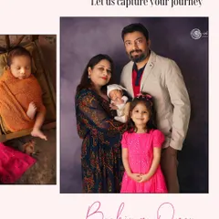 Let us capture your journey. This image beautifully combines a maternity family portrait with a shot of the newborn, showcasing the complete "Bump to Baby" story.