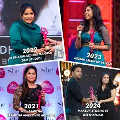 A collage celebrating the legacy of the She Beauty Awards. I am so honored to be the winner for 2024, joining a list of incredibly talented makeup artists.
