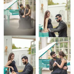 A collage showcasing a romantic pre-wedding shoot with a beautiful turquoise piano. These shots capture the couple's playful and intimate moments in a chic, vintage-inspired setting.