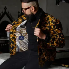 A look inside the baroque bomber jacket reveals a custom-printed lining, a signature of my bespoke work. The quality on the inside is as important as the statement on the outside.
