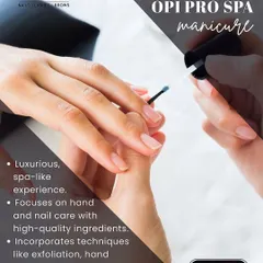 Experience a luxurious, spa-like OPI Pro Spa manicure. This service focuses on hand and nail care with high-quality ingredients, incorporating exfoliation, masks, and hydrating massages.