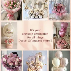 We are your one stop destination for all things gifting and decor. This collage gives you a glimpse of our range, including fresh pink tulip bouquets, milestone birthday balloon arrangements, and our signature personalized Bobo Boxes.
