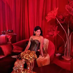 A moment of quiet amidst the chaos of the fashion show. The corset, with its intricate Indian-inspired pattern, was the hero piece of this look.
