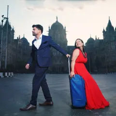 A playful pre-wedding concept shoot near CSMT, telling a story of a journey together. We love working with couples to bring creative and fun ideas like this to life.