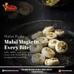 Malai Magic in Every Bite. Our Malai Peda is soft, milky, and perfectly sweet, a timeless treat wrapped in tradition and garnished with pistachios.