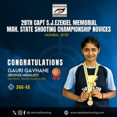 Celebrating Gauri Gavhane from my Vashi branch for securing a bronze medal in the 10M Pistol Junior Women event. It's wonderful to see my young athletes succeeding in state-level novice competitions.
