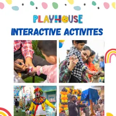 We offer a wide range of interactive activities to make your party extra special. This collage shows some of our favorites: face painting, a magic show, a visit from a clown, and more!